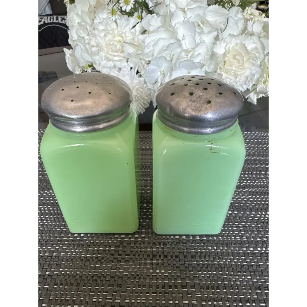 Jadeite Salt and Pepper Shakers Green Art Deco Glass